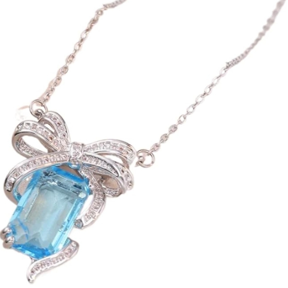 Light Blue Crystal Bow Pendant Necklace for Women - Picture 3 of 4